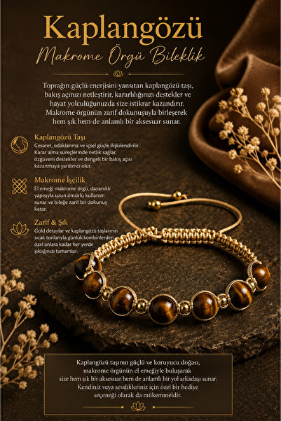 OSMANLI DEĞERLİ TAŞ Certified Tiger's Eye Macrame Knitted Bracelet