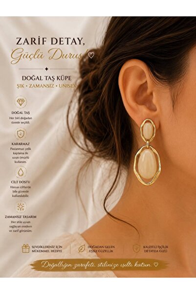 LUXURY JEWELRY LUNAVERA AURA GOLD KREM TAŞ DETAYLI GEOMETRİK SALLANTILI KADIN...