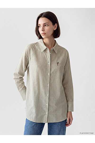 LC Waikiki Lcw Modest Ecru Striped Poplin Women's Shirt Tunic