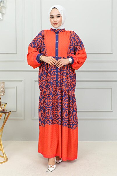 Mestore Ethnic Patterned Hijab Dress Orange