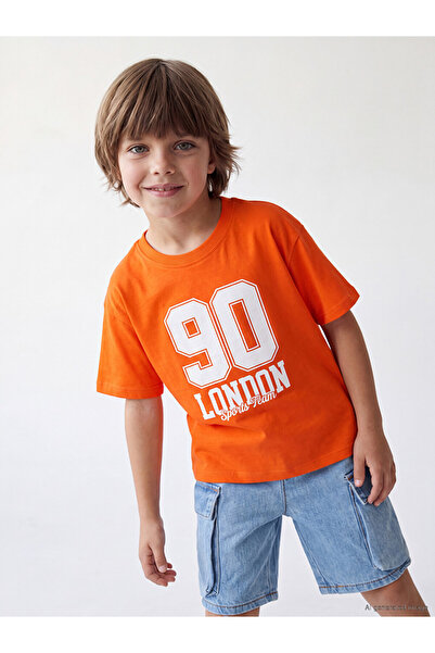 LC Waikiki Lcw Kids Orange Crew Neck London Printed Boys' T-Shirt