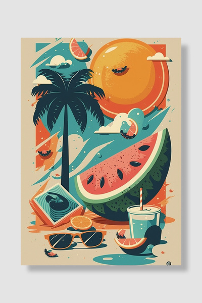 Luna Marissa Fruit Poster Retro Summer Beach Watermelon Orange Palm Wall Deco...