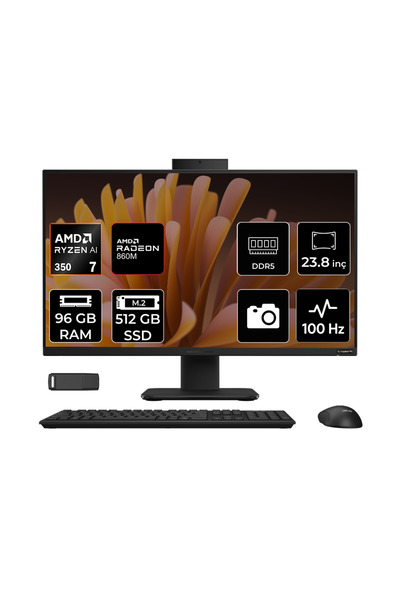 ASUS ExpertCenter P600 Ryzen AI 7 350 96GB RAM 512GB SSD 23.8" Full HD (1920x1080) FreeDOS PM640KAP350 Siyah AI-Powered All In One Bilgisayar + Per4 USB Bellek