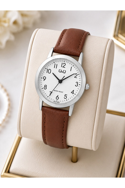 Q&Q Women's Wristwatch Silver Color Case Brown Leather Strap Casual and Styli...