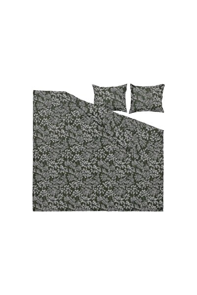 IKEA Double Duvet Cover Set, Dark Green-Floral Pattern, 240X220/50X60 cm