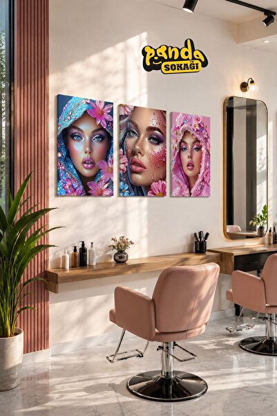 PANDA SOKAĞI Kuaför ve Güzellik Salonu Dekoratif 3’lü Ahşap Tablo Seti – Kadı...