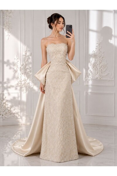 ranin Off White Evening Dress Kefal Embroidery Mikado Double Cloche Dress