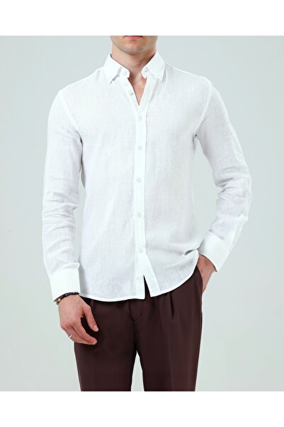 TerziAdemAltun Italian Style Slim Fit Men's Stand Collar Linen Shirt White T2...