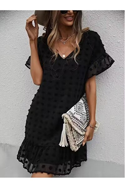Livizmir Moda Women's Short Sleeve V-Neck Short Polka Dot Chiffon Dress