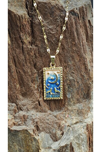 The Moon Tarot Kartı Tasarım Çelik Kolye - Altın Renk