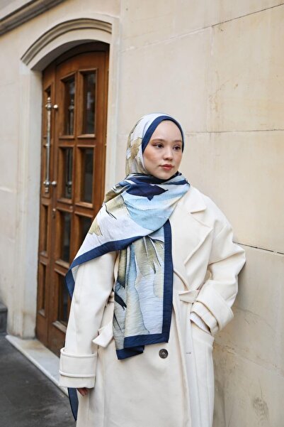 ENRİCO FERRİ Amore Leaf Pattern Viscose Shawl - Indigo Baby Blue