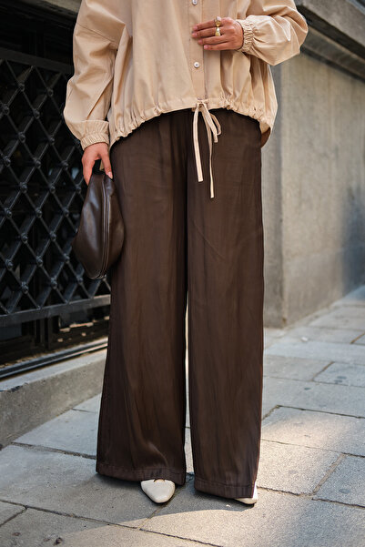 LOCCO Women's Double Pocket Elastic Waist Satin Trousers Brown