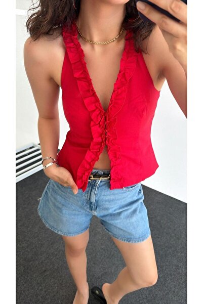 CADDELAMODA Women's Sleeveless Ruffled Premium Poplin Blouse