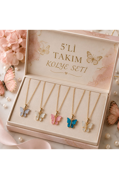 Yağmur Women's and Girls' Butterfly Necklace Set of 5, Water Green, Lilac, Bl...