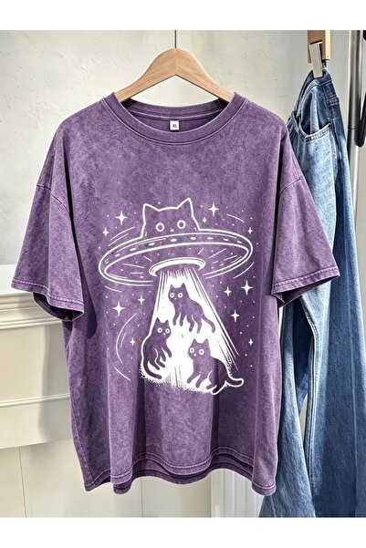 Toum Alien Cat Printed Washable Vintage Unisex Oversize T-Shirt