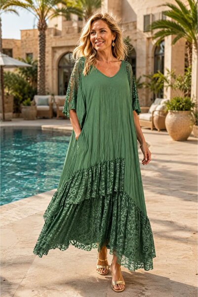 Punta Otantik Vl3043 Shoulder Sleeves and Ruffled Hem Voile Dress Khaki