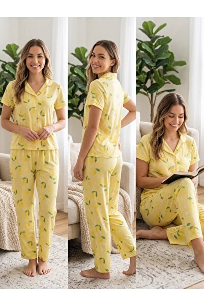 pistyle Women'S/Kids' Lemon Patterned Yellow Pajama Set - Short Sleeve Button...