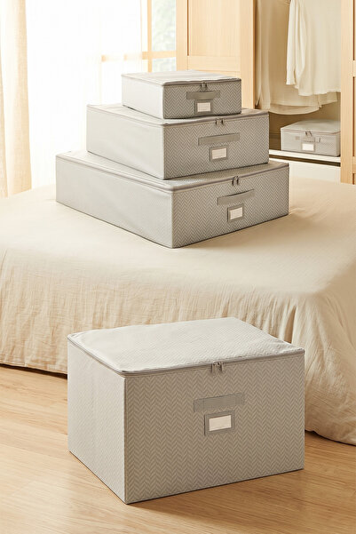 Ocean Home Textile Set of 4 Gray Herringbone Under-Bed Luggage Organizers wit...