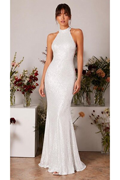 elissaa HALTER YAKA UZUN PUL PAYET ABİYE ELBİSE