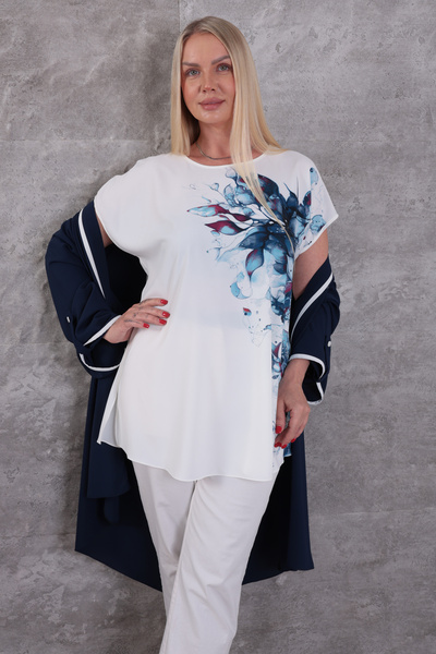 KİFAYET Plus Size Trendy and Stylish Two-Piece Set White Ribbed Tunic Floral Print Long Sleeve Women's Tunic
