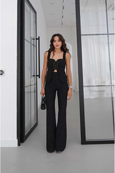 Havoş Black Eyelet Lace-Up Blouse and Pants Set