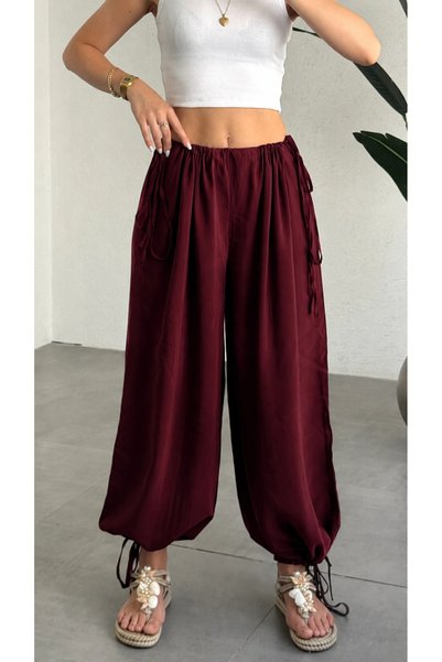 asfamoda Women's Burgundy All-Size Matching Pants with Gathered Waist and Tie-Up Detail at the Hem, Draped Modal Tencel Fabric Panto