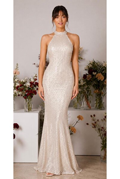 elissaa HALTER YAKA UZUN PUL PAYET ABİYE ELBİSE