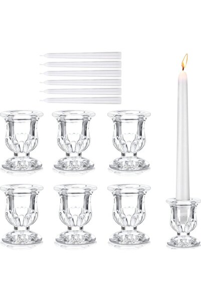 Home Zone 12 Pcs Glass Clear Taper Candlestick Holder Sets 6 Pcs Small Candle...