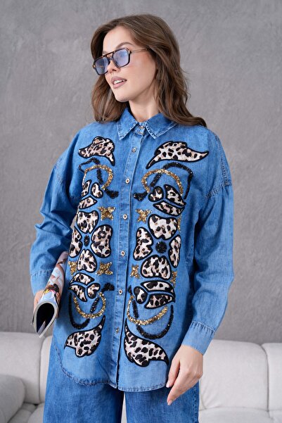 Moda Neval Kadın Pul Payet Nakış Detaylı Gömlek Kot Takım