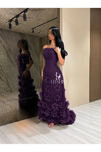LITSHINA Purple Tulle Evening Dress Embroidered with Roses and Embellished wi...