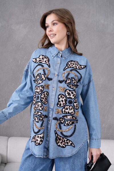 Moda Neval Kadın Pul Payet Nakış Detaylı Gömlek Kot Takım