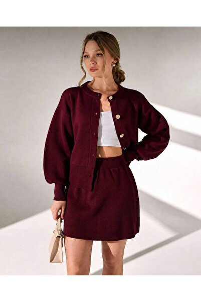 DAĞON'S Gold Buttoned Balloon Sleeve Cardigan Skirt Elasticized Tricot Set