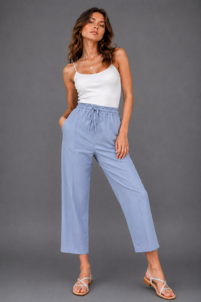 WILD BEE Women's Light Blue Elastic Waist Woven Carrot Pants
