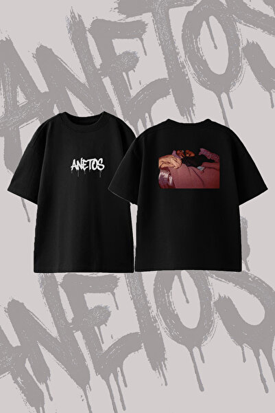 Anetos Sleeping Woman Design Back Printed Cotton Black Oversize T-Shirt