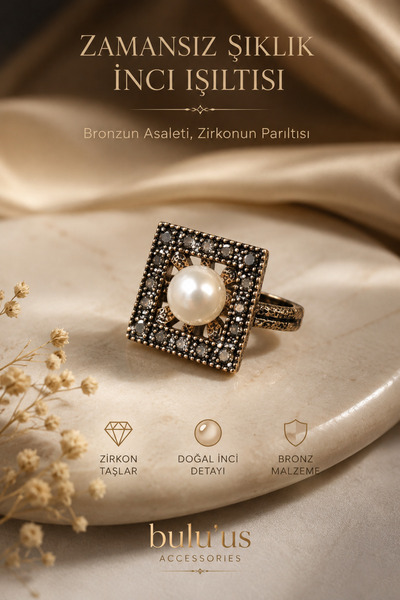 BULU'US ACCESSORIES Bronz İnci Taşlı Kare Tasarım Zirkon Detaylı Ayarlanabili...