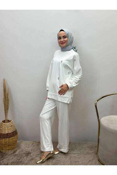 JOOQSTORE Stone-Embellished Two-Piece Modest Tunic and Pants Set
