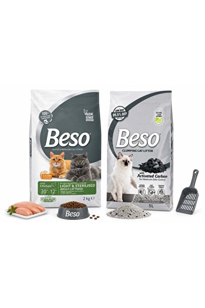 Beso Light & Sterilized Adult Cat Food 2kg + Activated Carbon Clumping Cat Li...