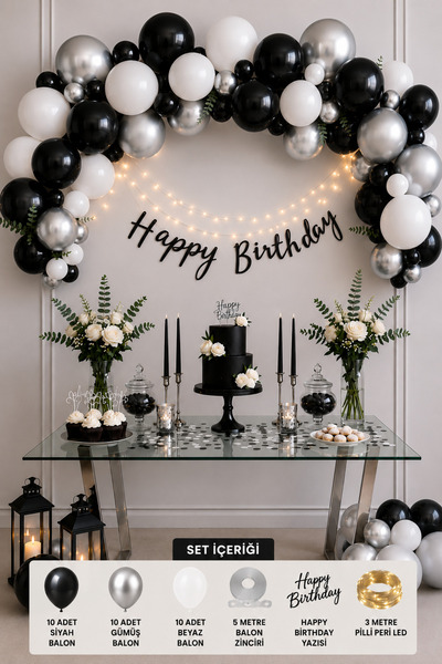 Baloncu Nene Siyah Gümüş Beyaz Doğum Günü Süsleme Seti 30’lu Balon Happy Birt...