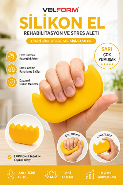 Velform Silikon El Stres ve Rehabilitasyon Aleti Egzersiz El Güçlendirme Sarı...