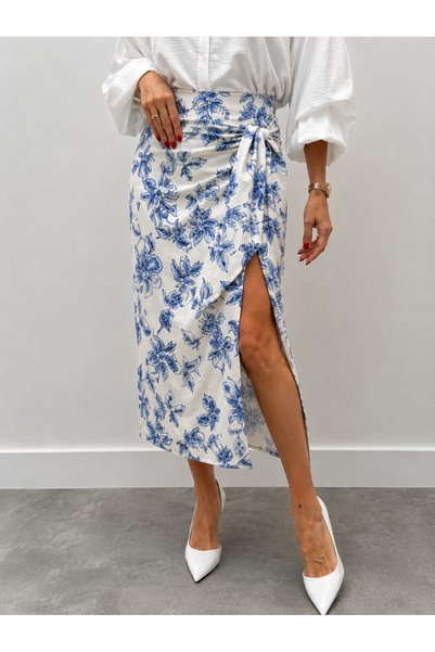 Maldia Shop Fusta indigo cu model etnic pentru femei, cu fermoar și design cu șireturi