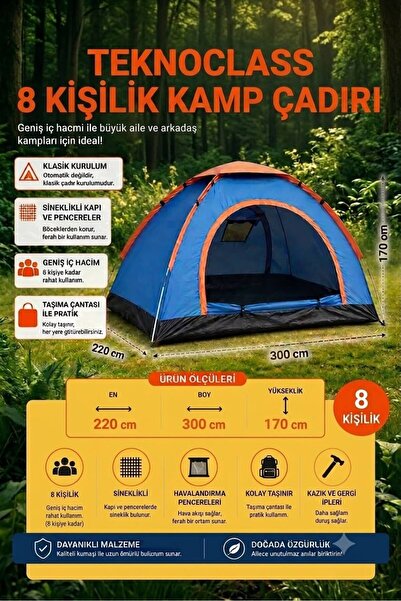 TeknoClass 8 Kişilik Kamp Çadır - Pratik ve Hızlı Kurulum Su Geçirmez Bahçe K...