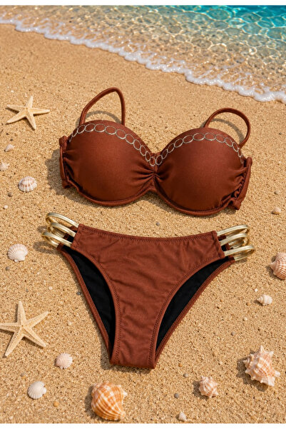 Nobrand Costum de baie damă 2 piese, maro-cupru, sutien cu cupe preformate și...