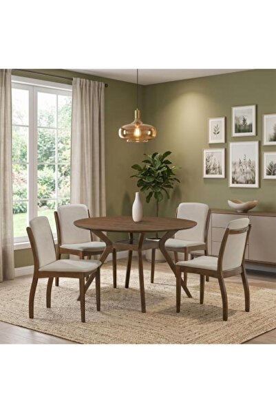 BAITY Round Dining Table Wooden Design Elegant 4 Chairs Brown
