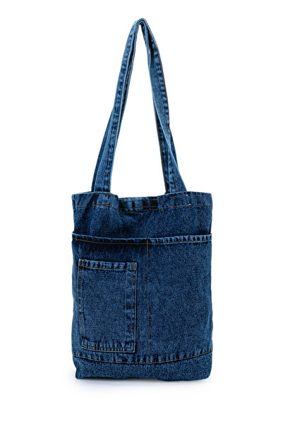 minebag Yama Pocket Detailed Denim Women's Shoulder Bag Derek Navy Blue