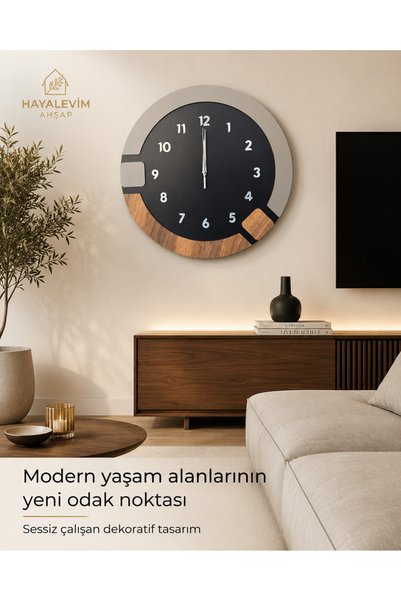 Nixar Desing Sessiz Mekanizmalı Modern Geometrik MDF Duvar Saati Gri Siyah Görünümlü Duvar Saati 42x42 cm