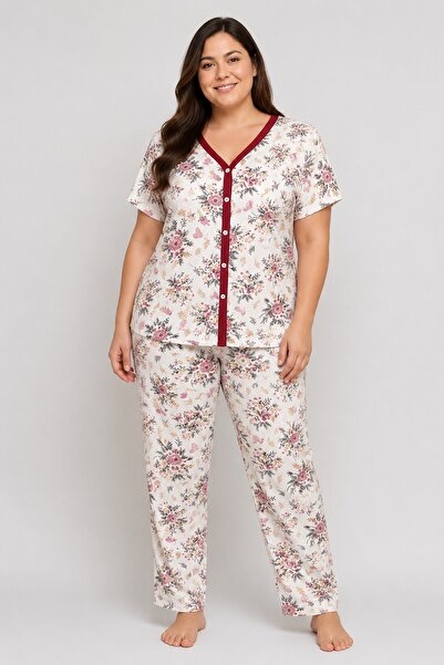 CottonVia Mother's Pajama Set, Front Buttoned, Piping Collar, Short Sleeves, ...