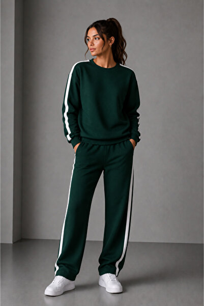DAXİS Sportwear Company KADIN ŞERİT DETAYLI BİSİKLET YAKA EŞOFMAN TAKIMI Yeşil