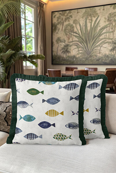 Evimde Bambaşka Sea-Themed Fish Fringed Pillowcase - Bohemian Blue Green Gray...
