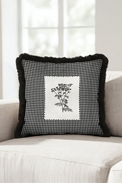 Evimde Bambaşka Elegant Fringed Pillowcase with Plaid Floral Motif - Botanica...