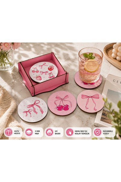 kids town Woodtown Set of 4 Pink Bow & Cherry Pattern Coasters – 3 mm White Mdf Uv Printed, Round Decorative Coasters, Pink Wooden Gift Boxed